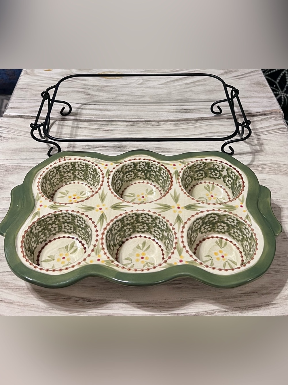 Temp-tations Old World Green 6 Cup Muffin Pan Baker w Wire Rack